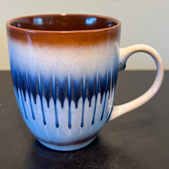 Drip Glazed Ribbed Ceramic Mug in Brown, White and Cobalt Blue - Picture 4 of 6